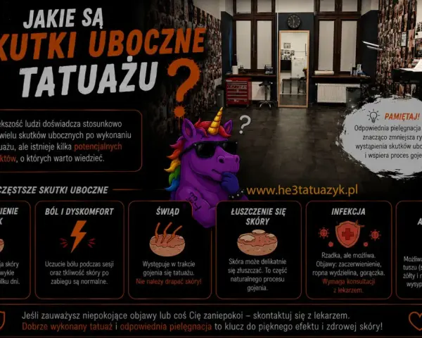 Grafika informuje o skutkach ubocznych tatuażu. Pokazuje m.in. zaczerwienienie, ból, swędzenie, łuszczenie się skóry, infekcje i reakcje alergiczne.