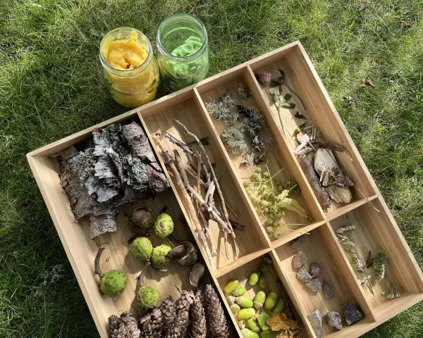 Lådor med naturmaterial för att leka med lera. Här finns kottar, kastanjer, kvistar, löv, stenar och blommor.
