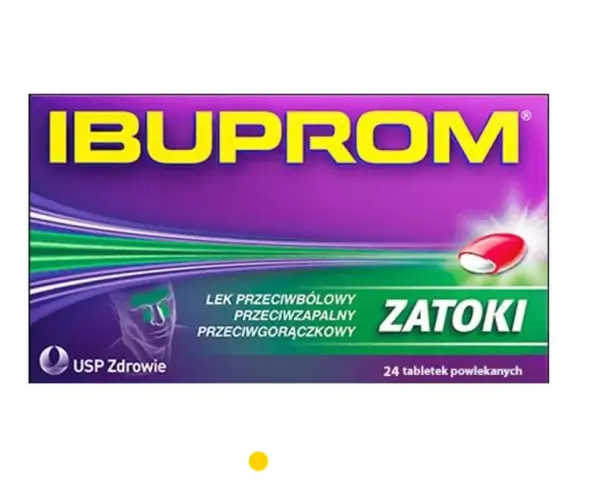 Opakowanie Ibuprom Zatoki, leku przeciwbólowego, przeciwzapalnego i przeciwgorączkowego, z wizerunkiem głowy i zielonymi akcentami.