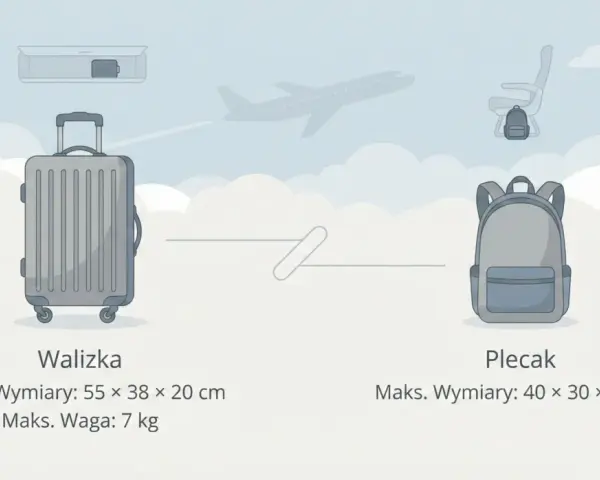 Co to znaczy walizka kabinowa? Ilustracja porównuje wymiary walizki (55x38x20 cm, 7 kg) i plecaka (40x30x15 cm) na tle samolotu i chmur.