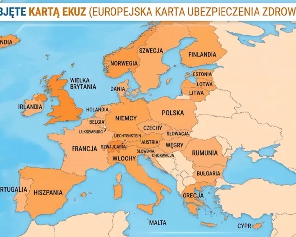 Mapa Europy z zaznaczonymi krajami, gdzie karta EKUZ daje dostęp do opieki medycznej. Podróżuj bezpiecznie!