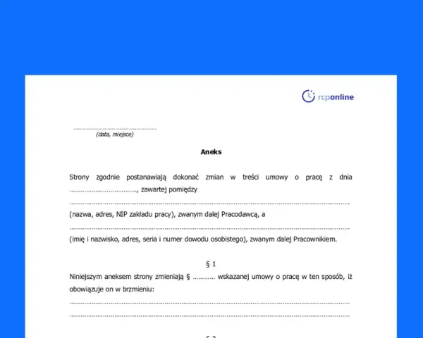 Aneks do umowy o pracę, który stanowi porozumienie zmieniające warunki pracy i płacy. Dokument zawiera dane pracodawcy i pracownika.