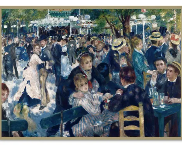 Tłum ludzi bawi się na świeżym powietrzu, tańcząc i siedząc przy stolikach. Widać radosną atmosferę balu w Moulin de la Galette.