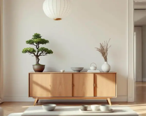Un salon à l'inspiration japonaise avec un buffet en bois clair, un bonsaï, des vases et une lanterne.