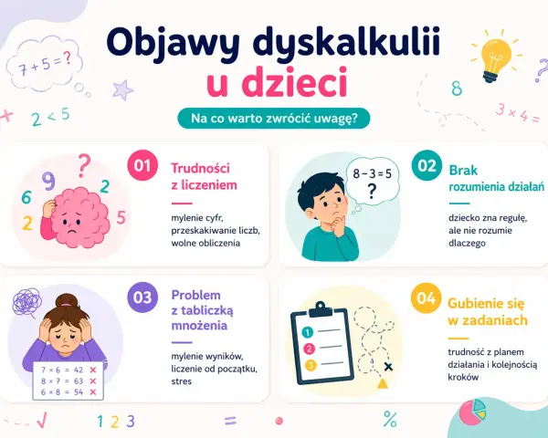 Objawy dyskalkulii u dzieci: trudności z liczeniem, brak rozumienia działań, problem z tabliczką mnożenia, gubienie się w zadaniach. Test na dyskalkulię.