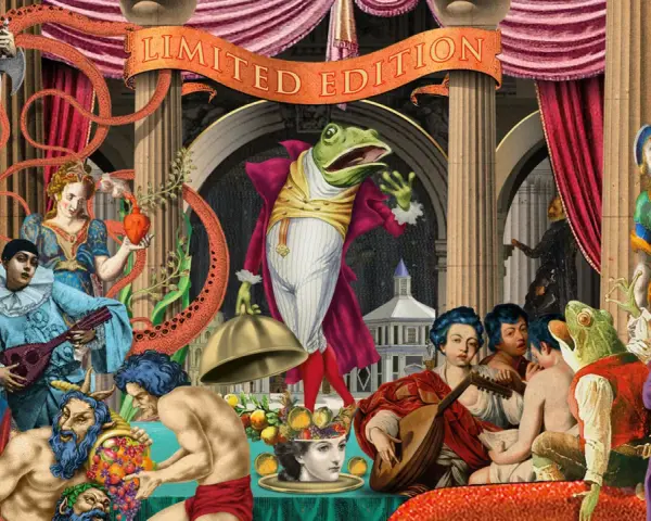 Surrealist collage z żabą w stroju, ludźmi i antycznymi elementami.