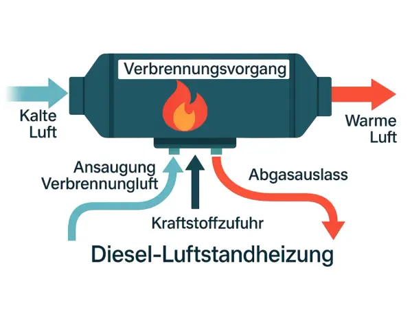 Schema zeigt, wie funktioniert eine Standheizung im Auto: Kalte Luft wird angesaugt, verbrannt und als warme Luft ausgeblasen. Kraftstoff wird zugeführt.