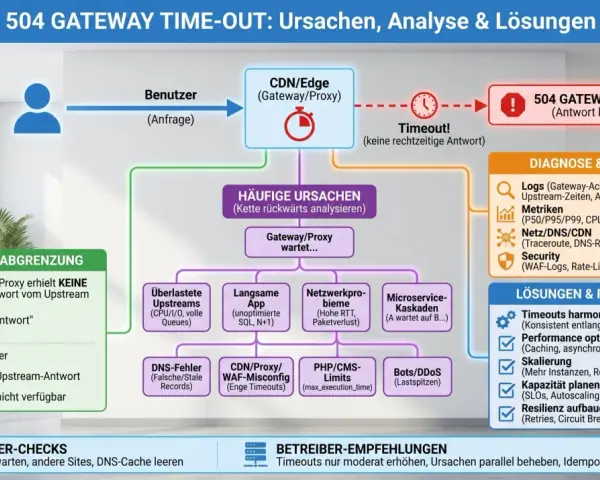 Diagramm zeigt Ursachen & Lösungen für 504 Gateway Time-Out. Analyse von Logs, Metriken und Netzwerk hilft bei der Fehlerbehebung.