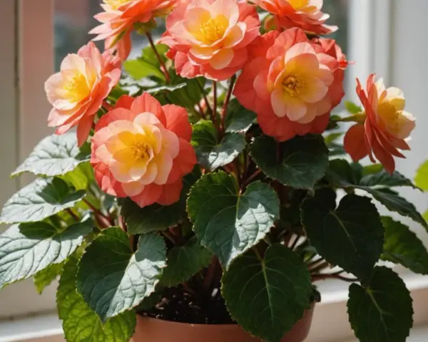 Piękna begonia doniczkowa z pomarańczowo-żółtymi kwiatami, gotowa na podlewanie.