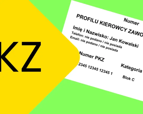 Duży napis PKZ obok dokumentu Profilu Kierowcy Zawodowego.