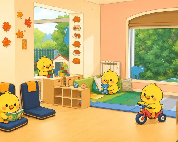 Des poussins mignons jouent dans une garderie colorée, l'un lit, l'autre sur un tricycle.