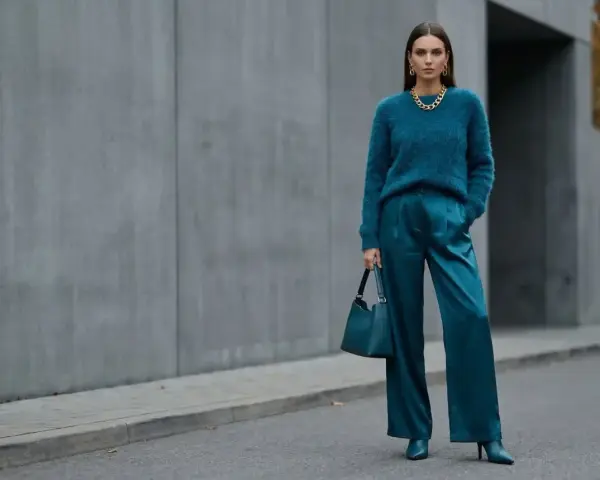 Kobieta w eleganckim, futrzanym swetrze i satynowych spodniach w kolorze petrol. Torebka i buty również w tym samym odcieniu.