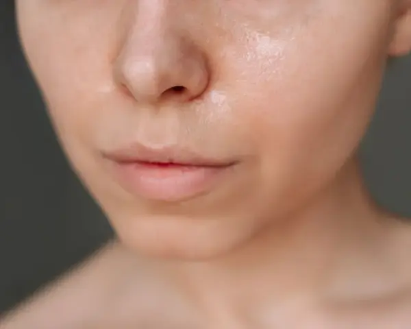 Nahaufnahme eines Gesichts, das zeigt, wie man fettige Haut pflegt. Die Haut glänzt leicht, was auf Feuchtigkeit hinweist.