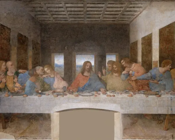 Ostatnia Wieczerza. Jezus i apostołowie przy stole, każdy z nich ma swoje imiona, choć nie są podpisane.