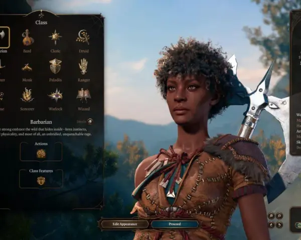 Interfaz de Baldur's Gate 3: selección de clase Bárbaro, una de las mejores clases Baldur's Gate 3.