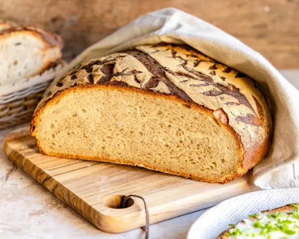 Frisches Brot mit knuspriger Kruste, bereit, mit Wasser bestrichen zu werden. Daneben ein Korb mit weiteren Brotscheiben.