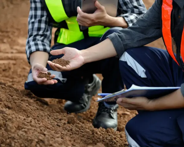 Pracownicy w kamizelkach odblaskowych analizują próbki ziemi, wykonując badania geotechniczne gruntu.