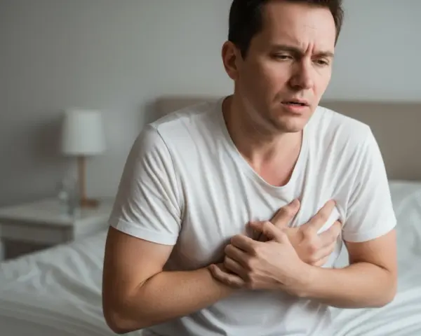 Mann hält sich die Brust, leidet unter Brustbein Schmerzen. Er sitzt auf einem Bett, sein Gesichtsausdruck ist besorgt.