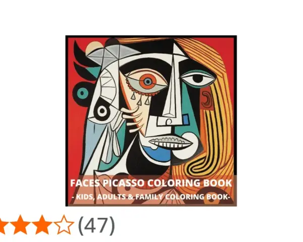 En färgglad bokomslag med kubistiska ansikten, inspirerade av Picasso målningar. Perfekt för alla som älskar konst.