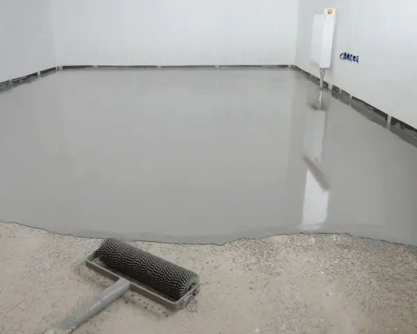 Świeżo wylana posadzka samopoziomująca w jasnoszarym kolorze, gotowa do wykończenia. Obok wałek do rozprowadzania.