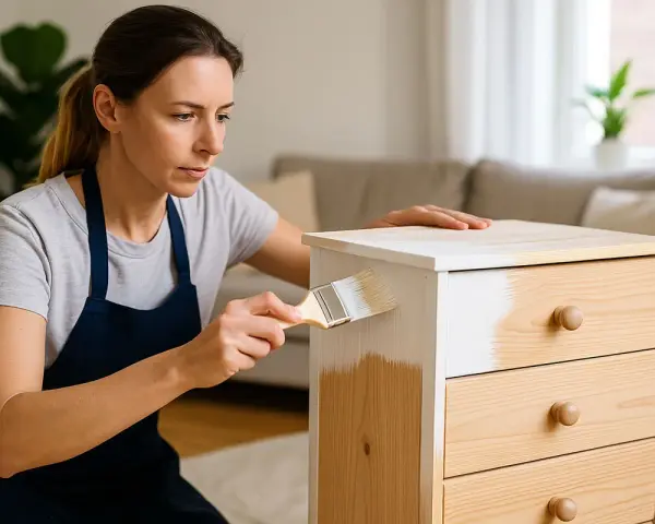 Donna dipinge un mobile in legno con una mano di cementite senza carteggiare, trasformando il mobile con facilità.