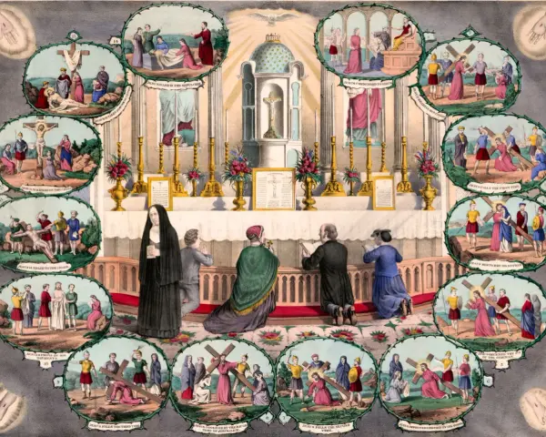 Catholic Stations of the Cross depicted around an altar, showing Jesus' journey to crucifixion.