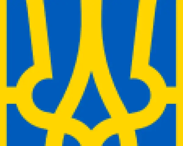 Symbol Trójzębu na tle niebiesko-żółtym, symbolizującym barwy Ukrainy.