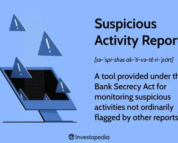 A Suspicious Activity Report (SAR) is a banking tool to monitor unusual transactions, as shown by warning signs around a computer screen.