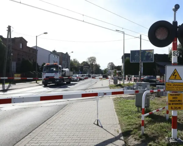 Przejazd kolejowy z zaporami i czerwonymi światłami. Samochód ciężarowy czeka na przejazd.