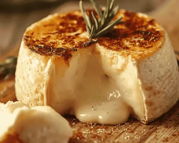Camembert coulant, doré et gratiné, tout juste sorti de l'air fryer. Un délice crémeux à déguster avec une branche de romarin.