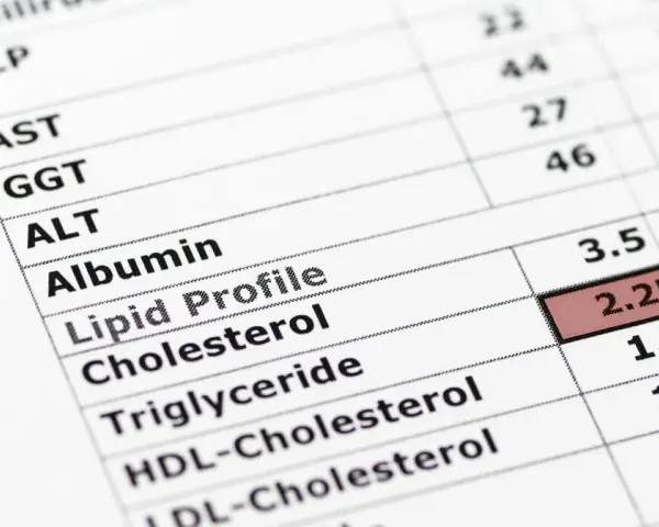 Wynik lipidogramu: cholesterol 2.25, trójglicerydy 1.0. Norma trójglicerydów jest kluczowa dla zdrowia.