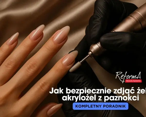 Dłoń z długimi paznokciami żelowymi, na których widać frezarkę. Dowiedz się, jak zdjąć paznokcie żelowe bezpiecznie i skutecznie.