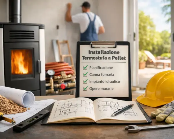 Installazione termostufa a pellet: pianificazione, canna fumaria, impianto idraulico e opere murarie. Pro e contro da valutare.