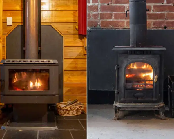 Deux poêles à bois, l'un moderne dans un chalet, l'autre ancien sur fond de briques. L'isolation poele a bois est essentielle pour la sécurité et l'efficacité.