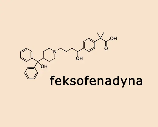 Struktura chemiczna feksofenadyny, leku przeciwhistaminowego.