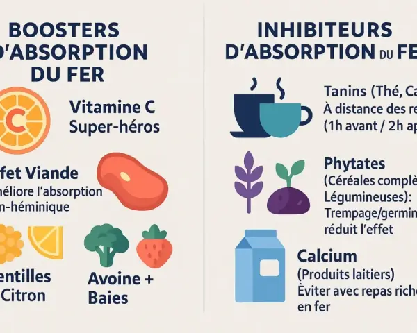Vitamine C, viande, lentilles et avoine boostent l'absorption du fer. Évitez thé, café, phytates et calcium avec les repas pour optimiser à quel moment de la journée prendre du fer.