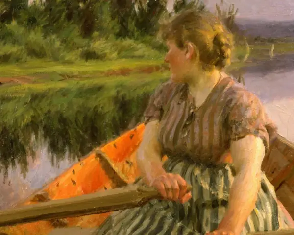 En kvinna ror i en båt, en klassisk scen av anders zorn konst. Vattnet speglar den gröna naturen.