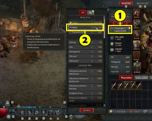 Diablo 4: 318/795 obole, waluta do kupowania przedmiotów od dostarczyciela kuriozów.