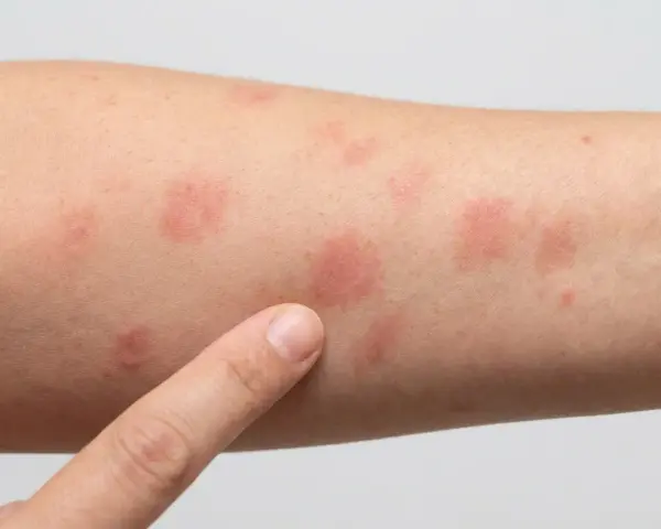Nahaufnahme eines Arms mit mehreren roten Stellen auf der Haut, die auf einen Ausschlag oder eine allergische Reaktion hindeuten.