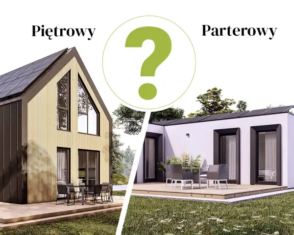 Piętrowy dom z drewnianą elewacją i panelem słonecznym kontra parterowy, nowoczesny budynek. Który wybierasz?