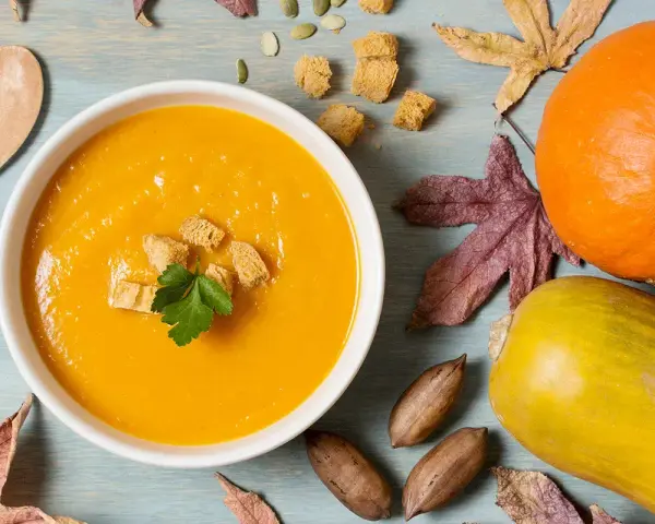 Un reconfortante tazón de puré de calabaza, adornado con picatostes y perejil, junto a calabazas, hojas de otoño y nueces.