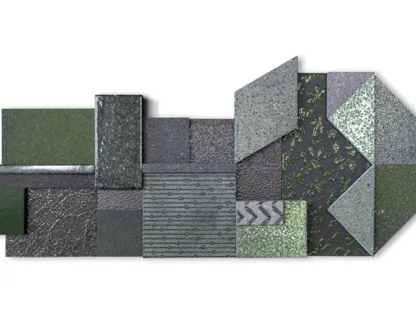 Composizione geometrica di texture verdi e grigie, che evoca il significato della pietra lavica: forza e trasformazione.