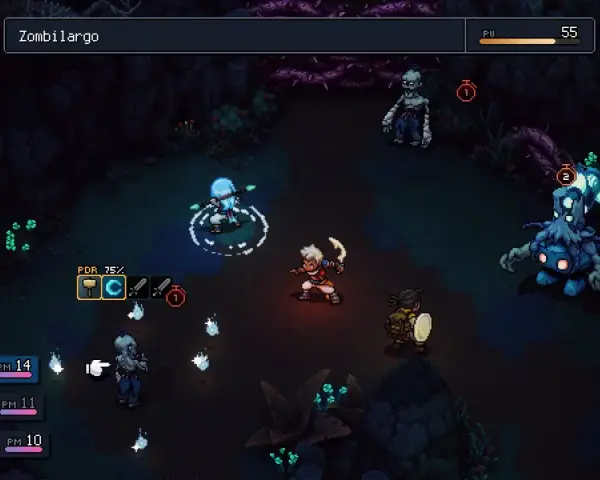 Combate en el **sea of stars dlc**. Personajes luchan contra zombis y un monstruo azul en un entorno oscuro.