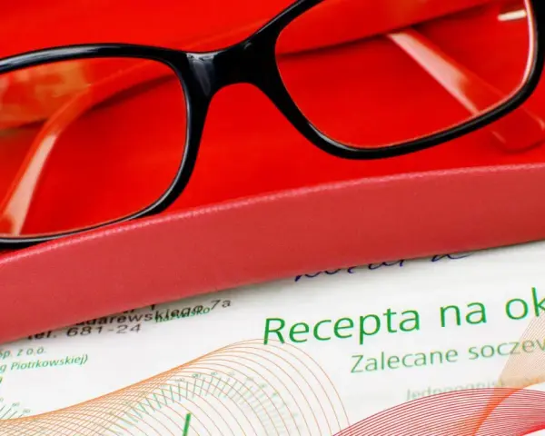 Okulary w etui na tle recepty. Ważność recepty na okulary jest kluczowa dla zakupu odpowiednich soczewek.