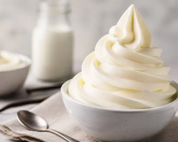 Cremiges Softeis in einer Schüssel, daneben Milch, Vanilleschoten und Löffel. Die Zutaten für das perfekte Softeis.