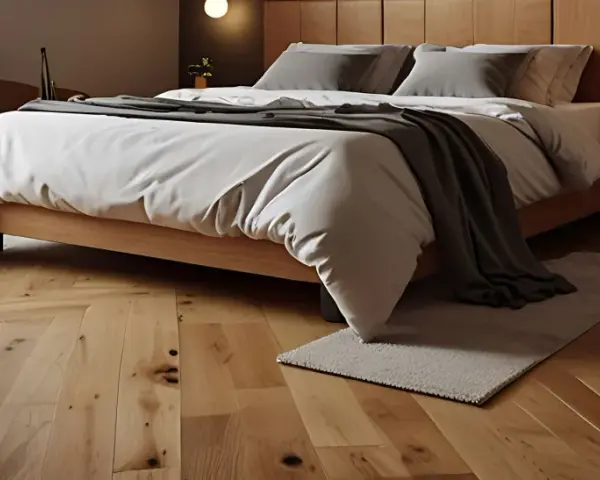 Ein gemütliches Schlafzimmer mit einem Holzbett und einem warmen, natürlichen **bodenbelag schlafzimmer** im Fischgrätmuster.