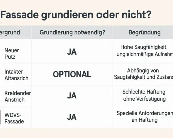 Tabelle zeigt, wann eine Fassade grundieren notwendig ist: Neuer Putz und kreidender Anstrich erfordern Grundierung.