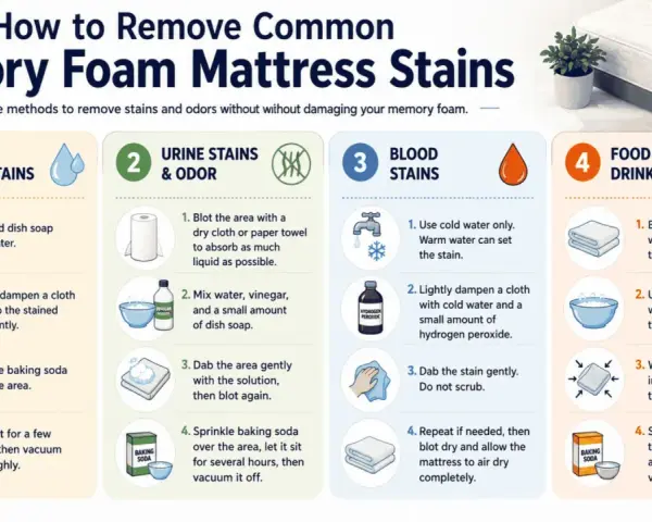 Learn how to clean a mattress with this guide on removing common memory foam stains like sweat, urine, blood, and spills using simple household items.