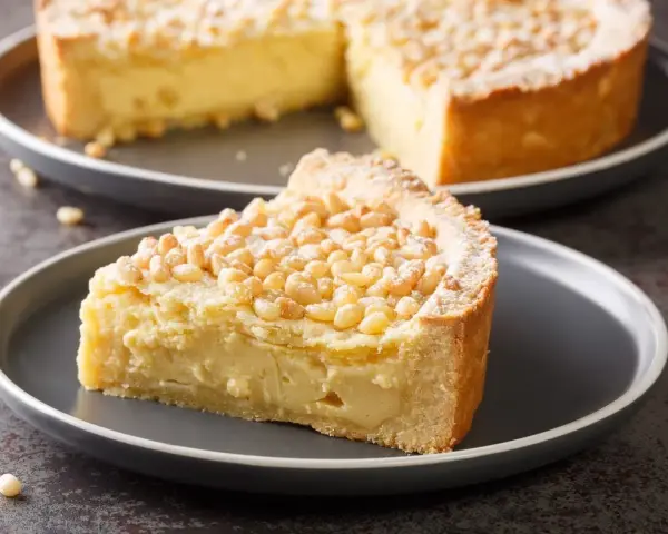 Una fetta di torta con crema pasticcera e pinoli, cosparsa di zucchero a velo. Un dolce invitante.