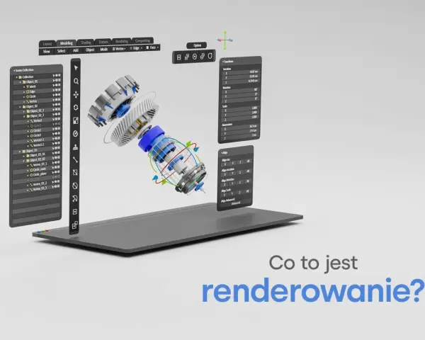 Interfejs programu graficznego z modelem 3D mechanizmu, panelami z parametrami i pytaniem "Co to jest renderowanie?".